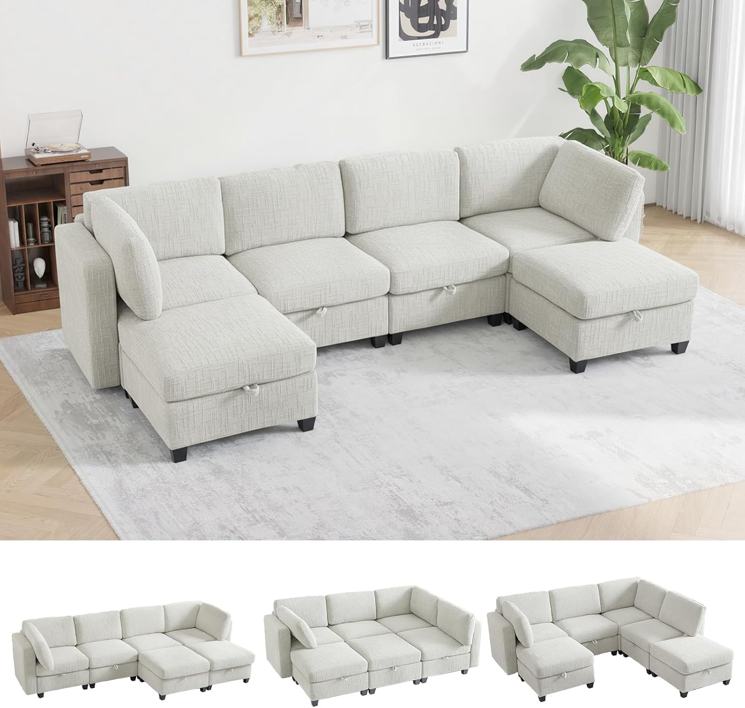 128 Oversized Modular 6 Seater Sofa with Removable Covers and Storage, Convertible U, L-Shaped and Sleeper Sectional, Modern Sectional Couch with Movable Ottoman for Living Room, Apartment, Beige