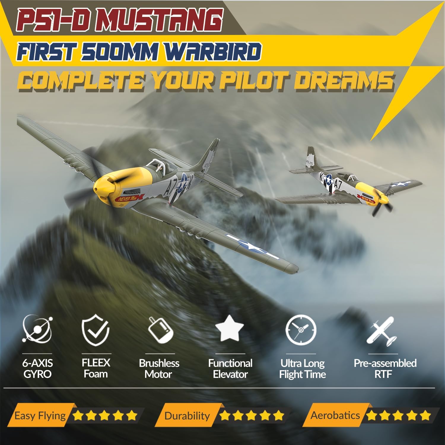 LEAMBE Brushless 4 Channel RC Plane, Ready to Fly Aerobatic Aircraft, Easy Control for Beginners, P51 Mustang RC Airplane for Adults Green