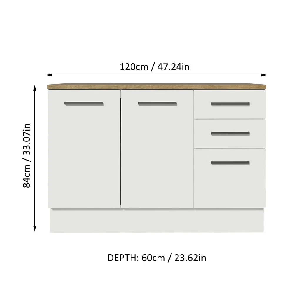 Madesa Hazel Kitchen Storage Buffet Base Cabinet with Adjustable Feet 47 Inch Slab Doors Floor Mount Removable Plinth - White
