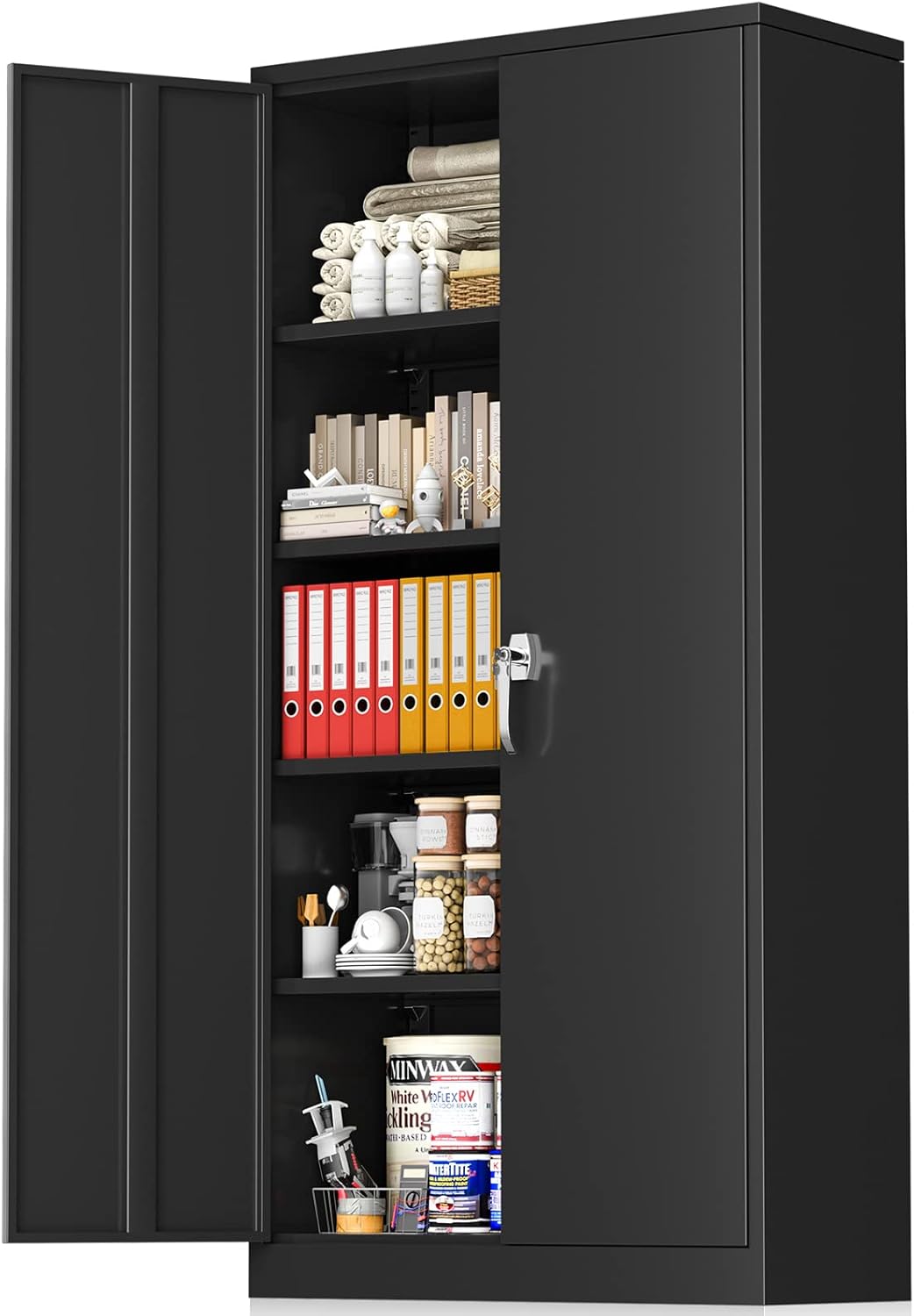 Greenvelly Storage Cabinet, 72” Black Garage Steel Locking Cabinet with Doors and 4 Adjustable Shelves, Tall Lockable File &Tool Cabinet for Home Office, Metal Classroom Cabinet Basement