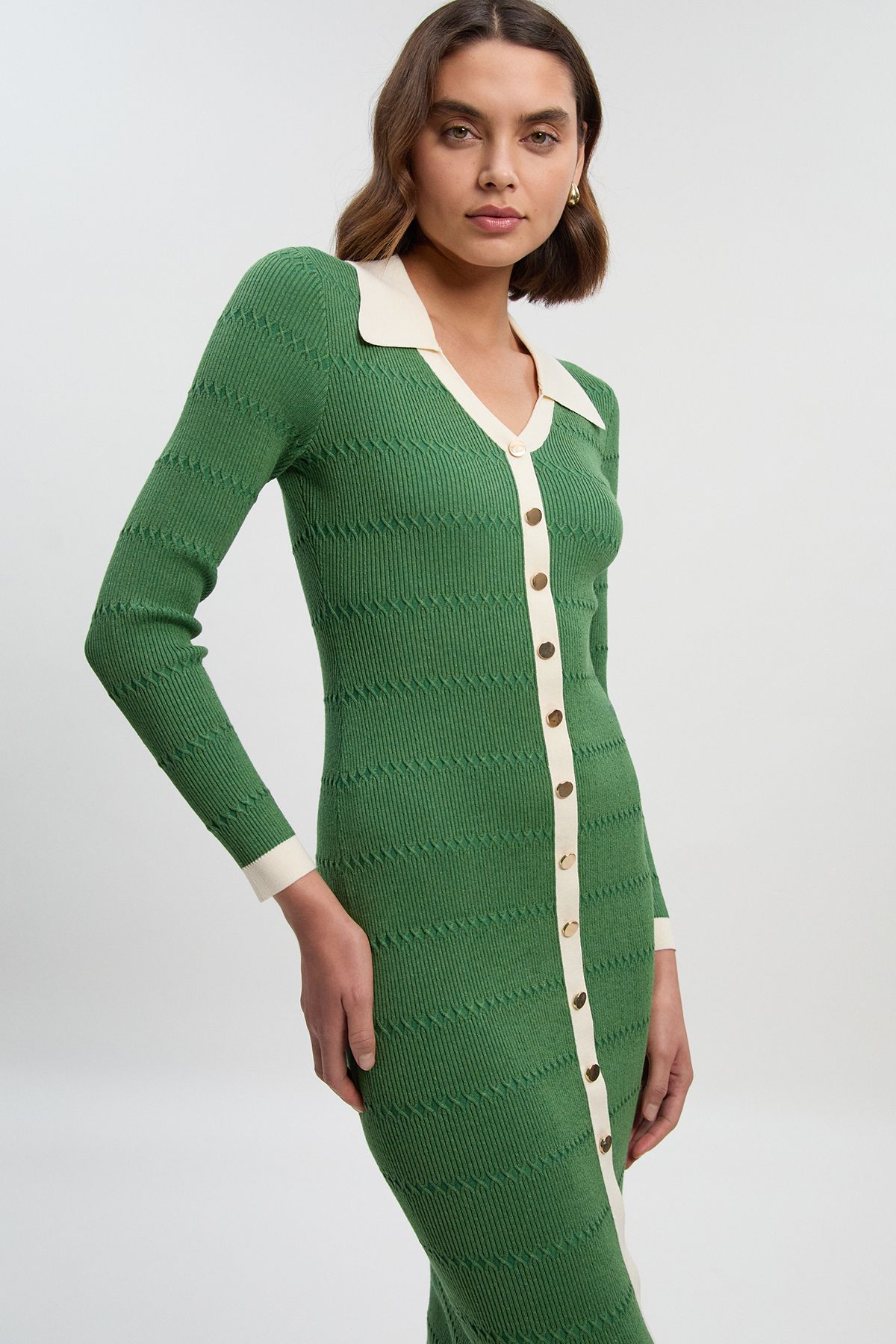 KarenMillen Viscose Rib Stitch Detail Contrast Colour Button Knit Midi Dress