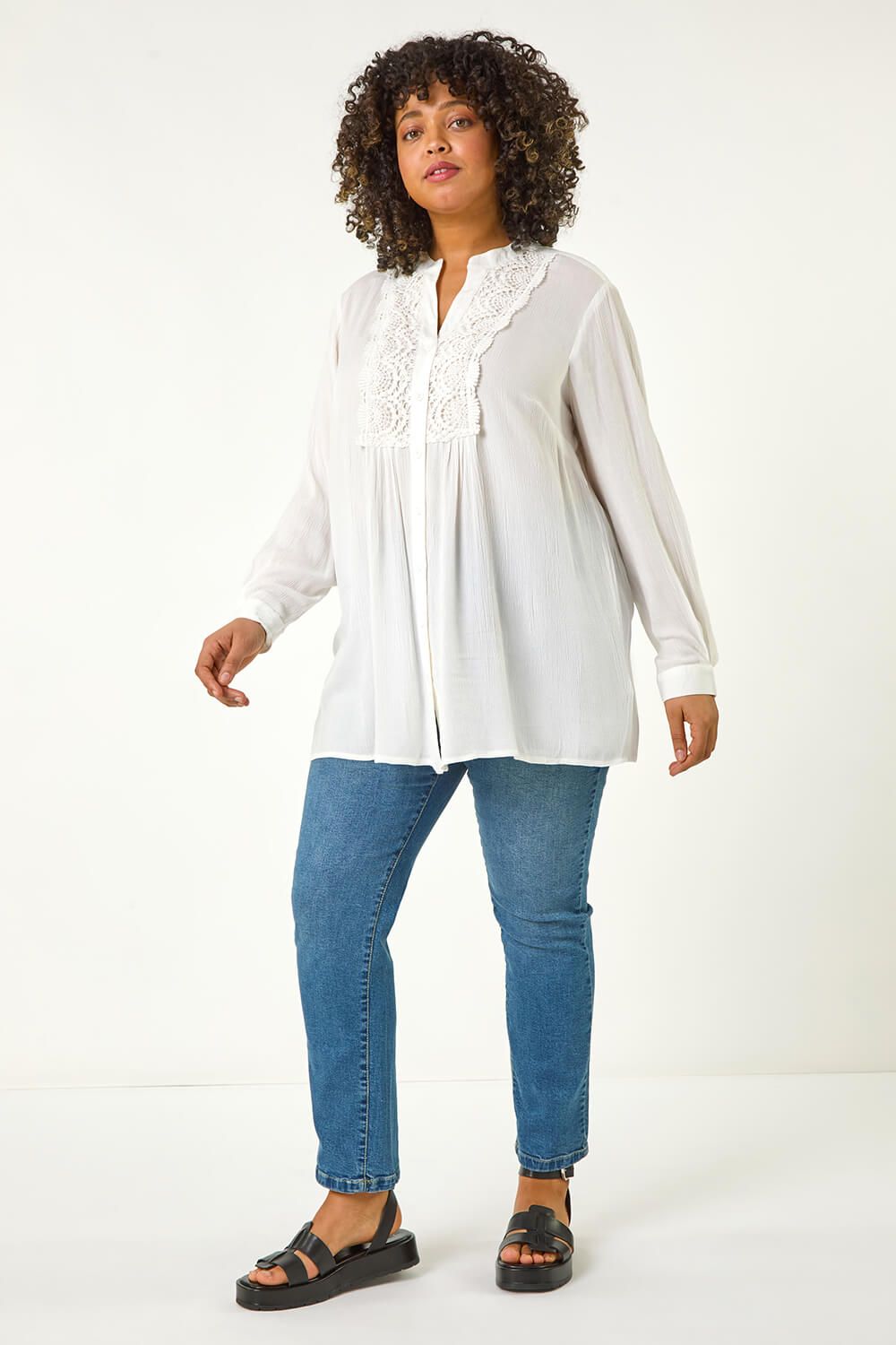 Roman Curve Lace Trim Pintuck Blouse