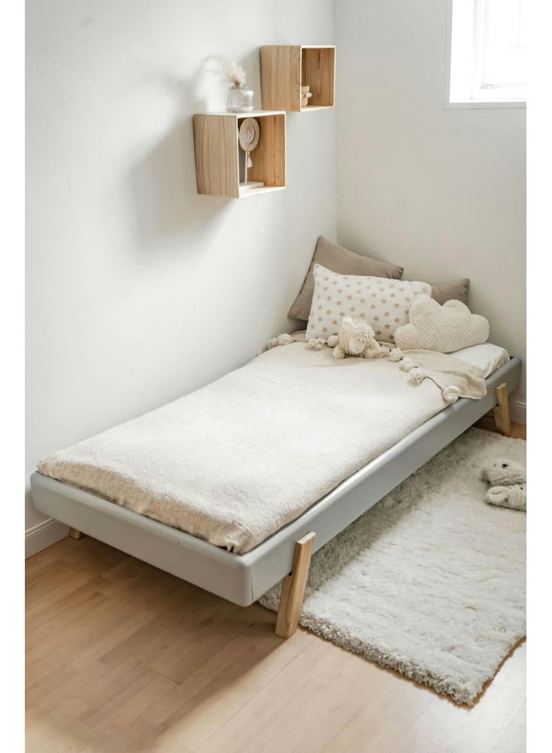 RÉTRO - Lit 1pers. en bois massif, gris et bois