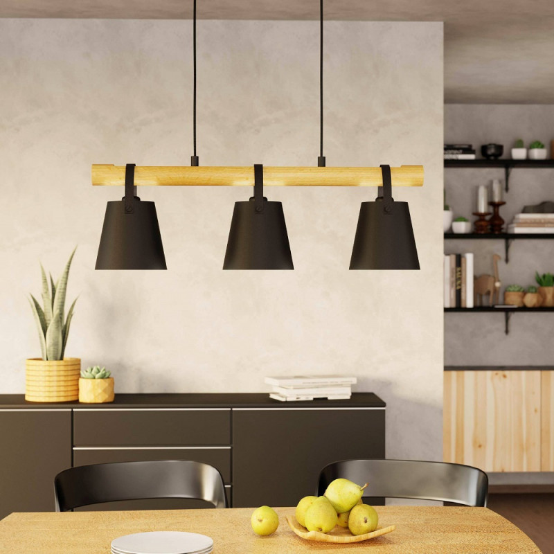 Suspension Boyle noire et bois E27 3 x 10 W EGLO