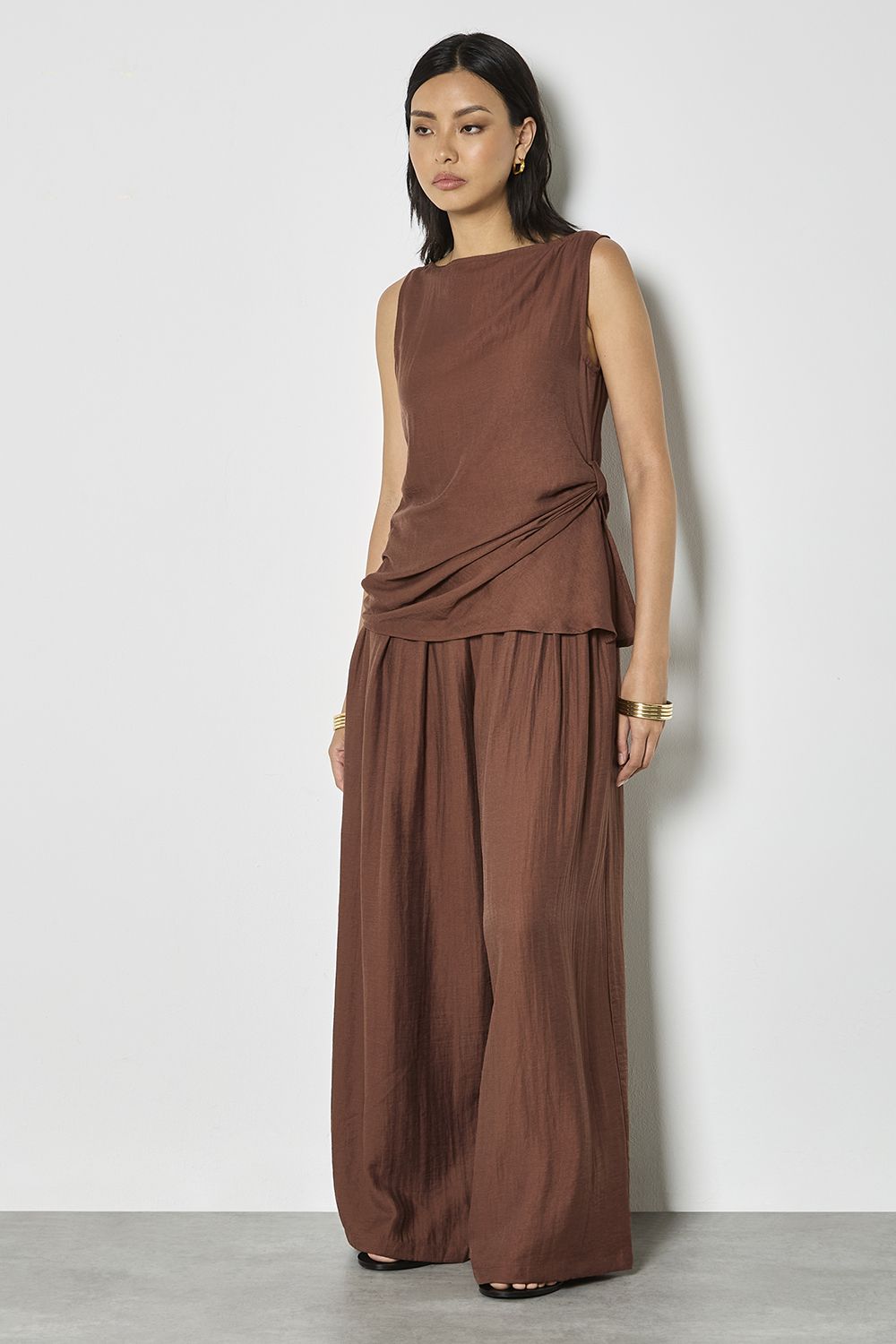 Apricot Textured Twill Wide-Leg Trousers
