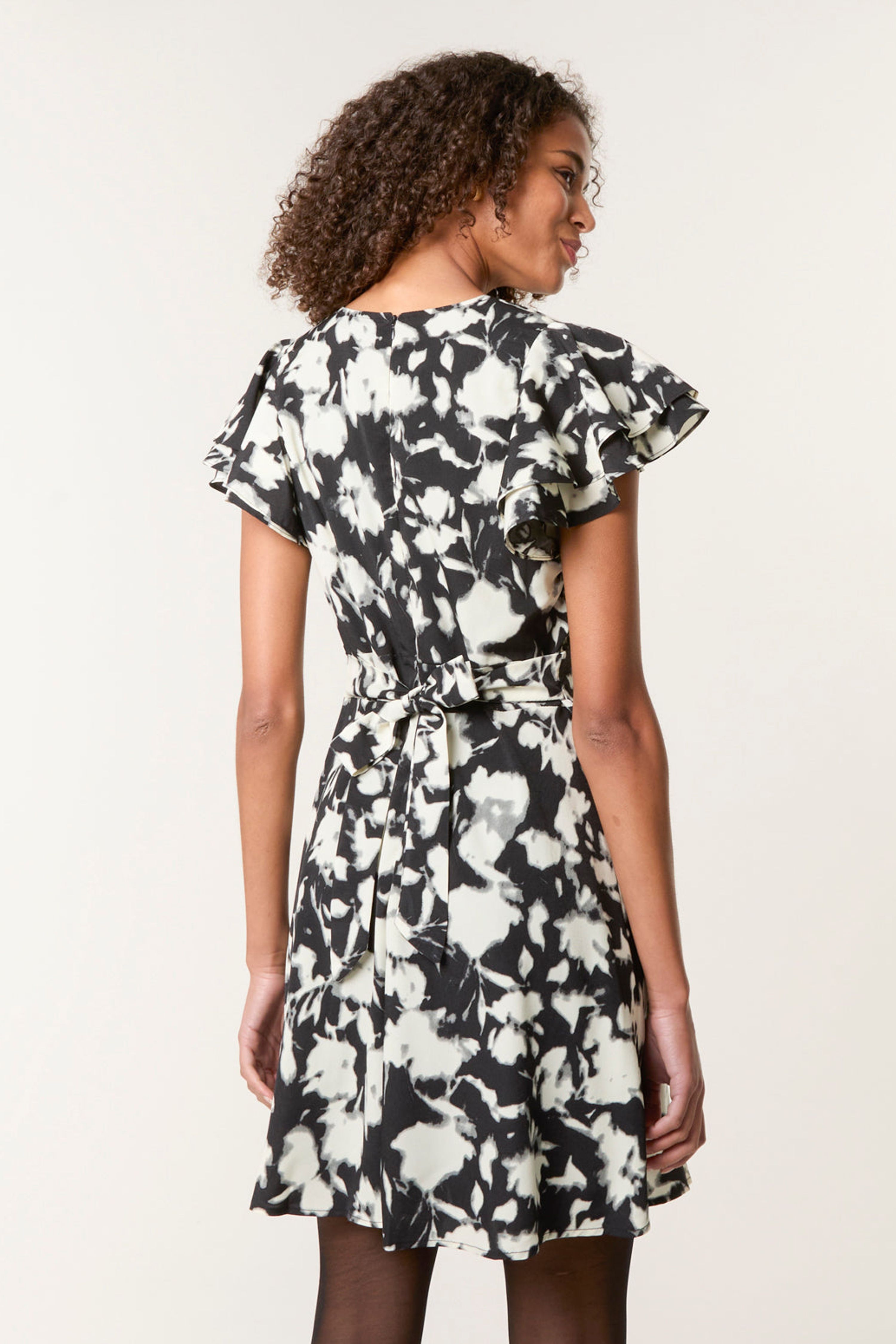 Blue Vanilla Black Printed Frill Sleeve Mini Dress