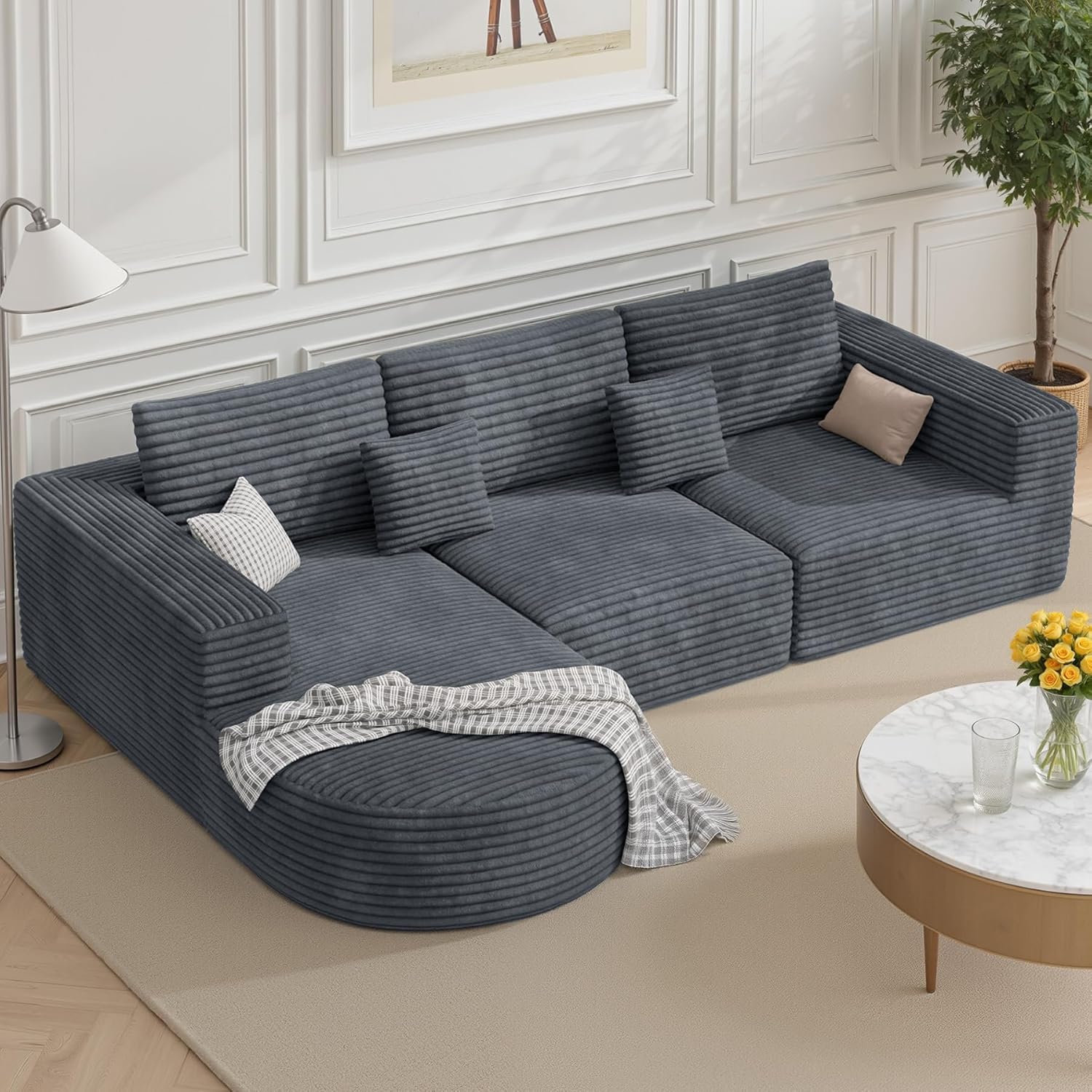 110”Sectional Couches for Living Room,Modular l Shaped Cloud Couch,Boneless Comfy,Modern Sofa with Chaise,Deep Seat Convertible Sleeper Sofa Bed,No Assembly Required,Gray,1pcs