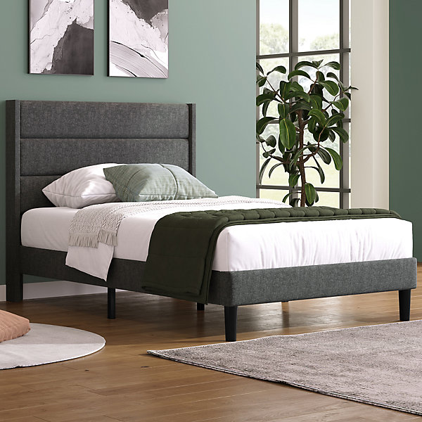 Lit simple 90x200 cm - Lit adulte capitonné avec tête de lit - Lin - Sans Matelas - Gris Foncé