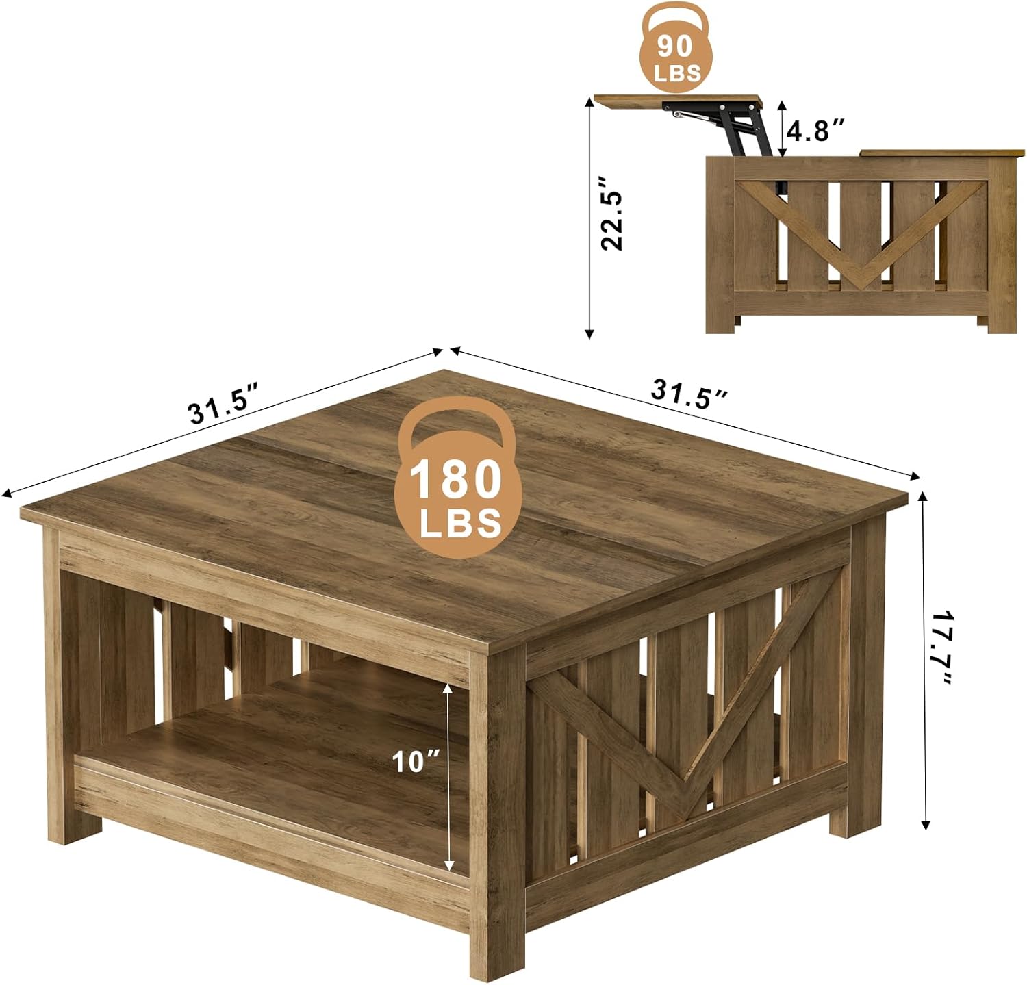FABATO Lift Top Coffee Table, 31.5 Farmhouse Coffee Tables with Storage, Small Square Cocktail Tables, Wood Central Table for Living Room, Meeting Room, Retro Oak