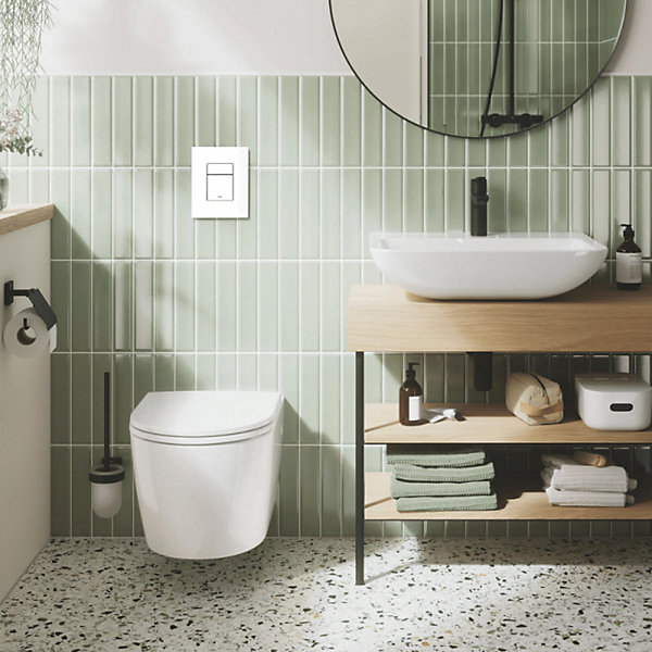Pack WC suspendu sans bride GROHE Start Round Ceramic  Abattant frein de chute   Bati support mur   Plaque carré blanc alpin