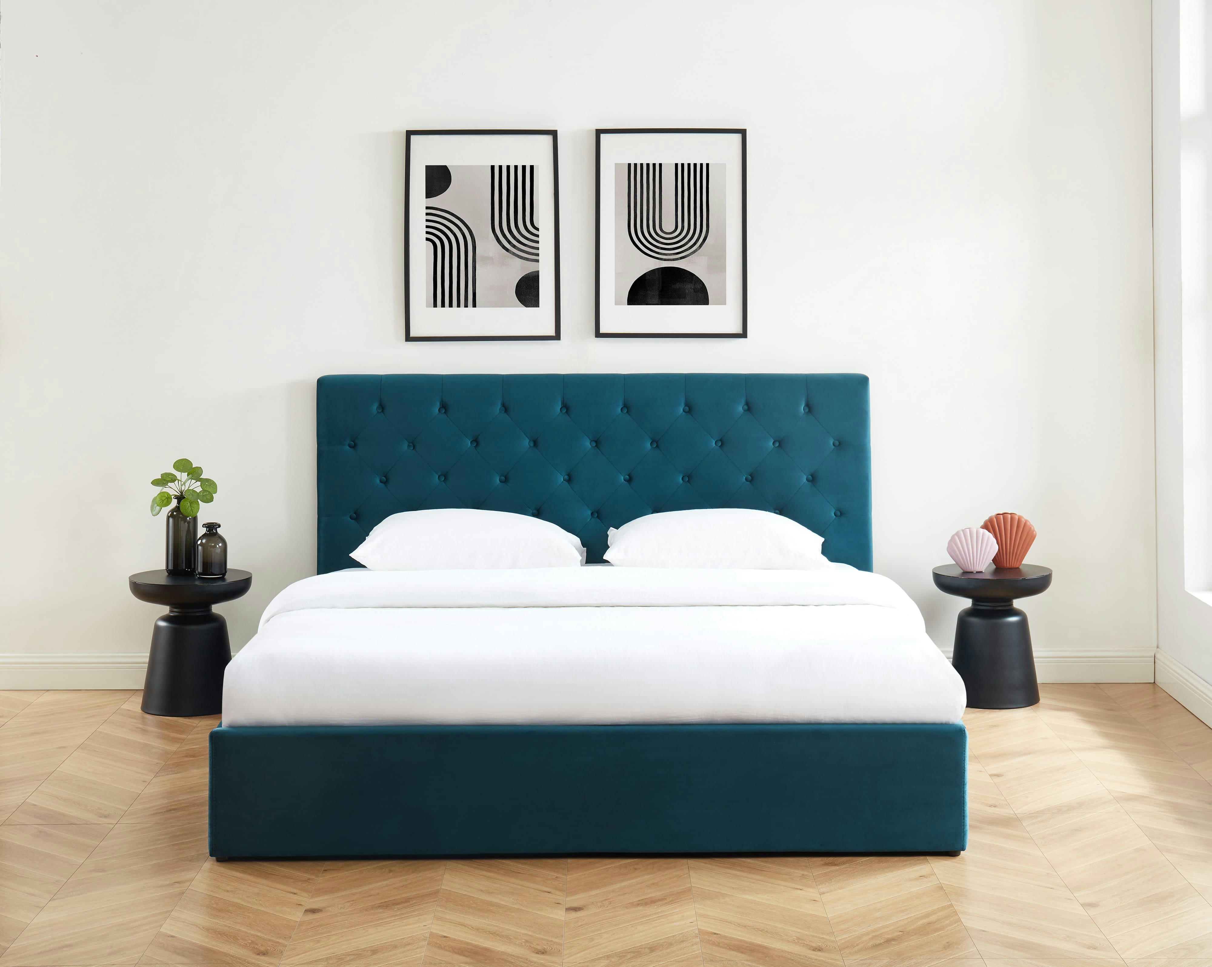 HUBERT - Lit coffre  velours bleu paon 180x200 sommier inclus