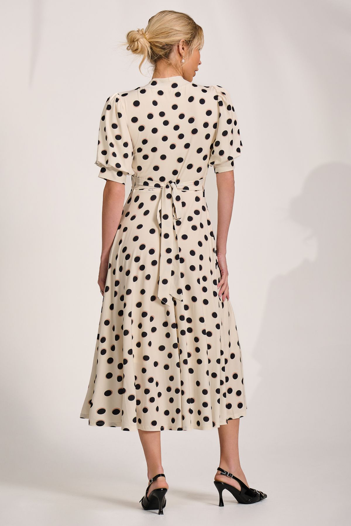 Jolie Moi Tie Neck Puffy Sleeve Jersey Midi Dress