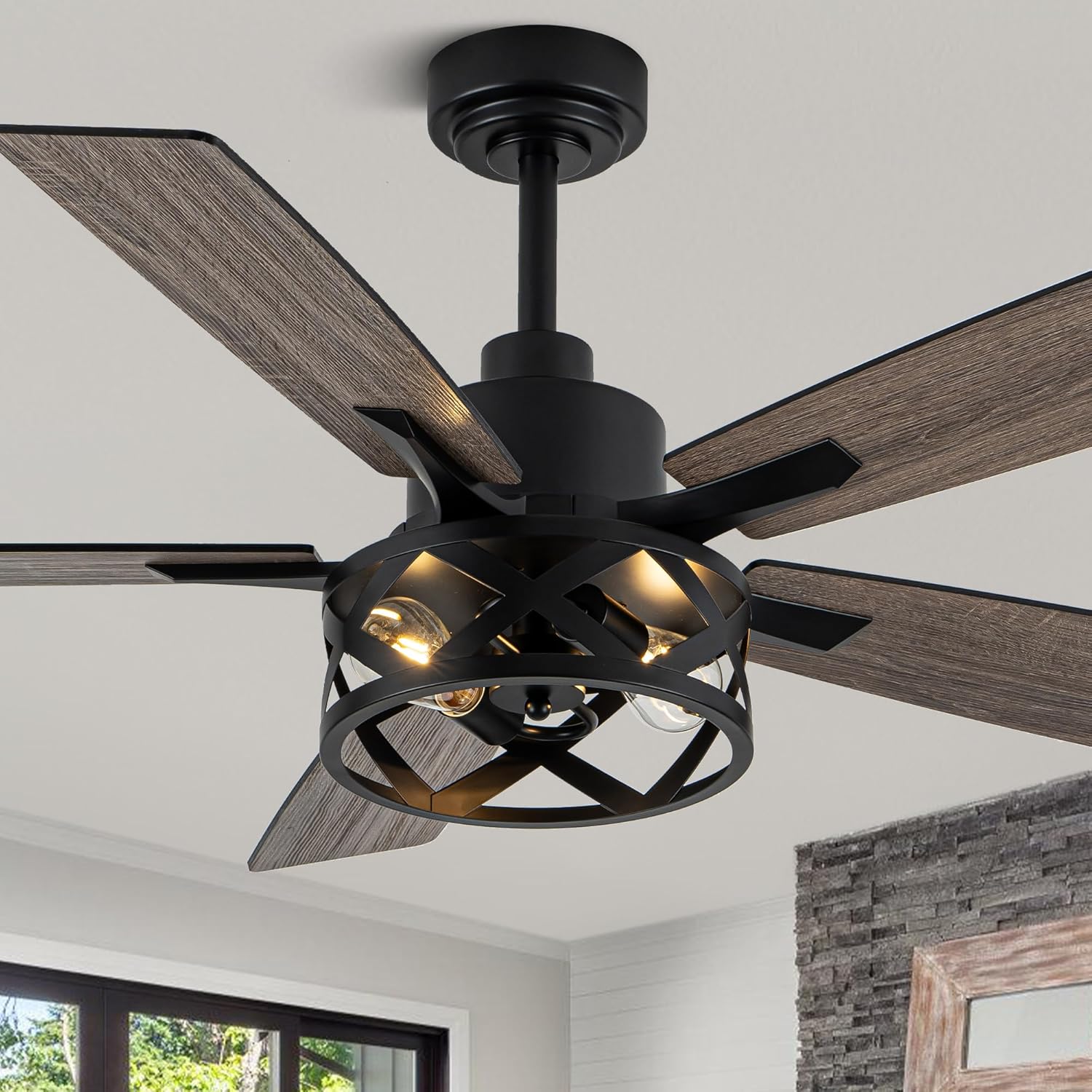 52 Farmhouse Ceiling Fan with Lights and Remote,Ceiling Fan with Caged Rustic Light Fixture,Reversible DC Motor,5 Double Finish Wood Blades for Patio,Living Room,Dining Room,Bedroom