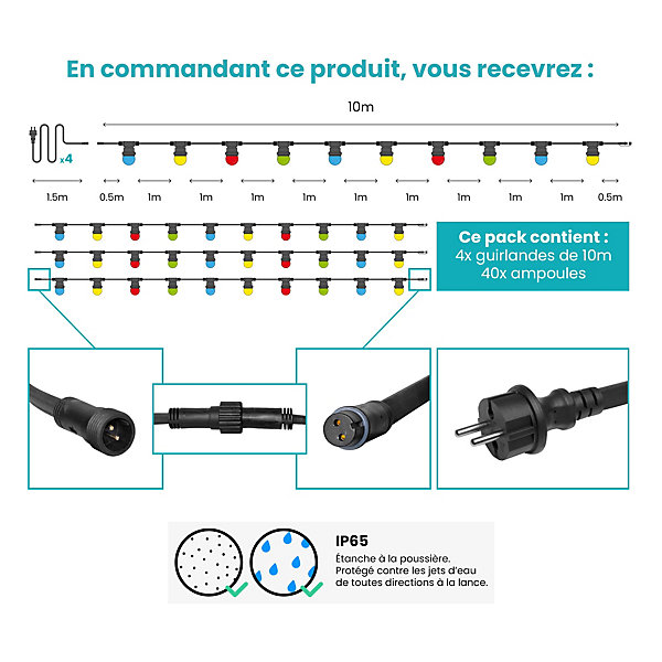 Kit Guirlande Guinguette 40m IP 65 Multicolore