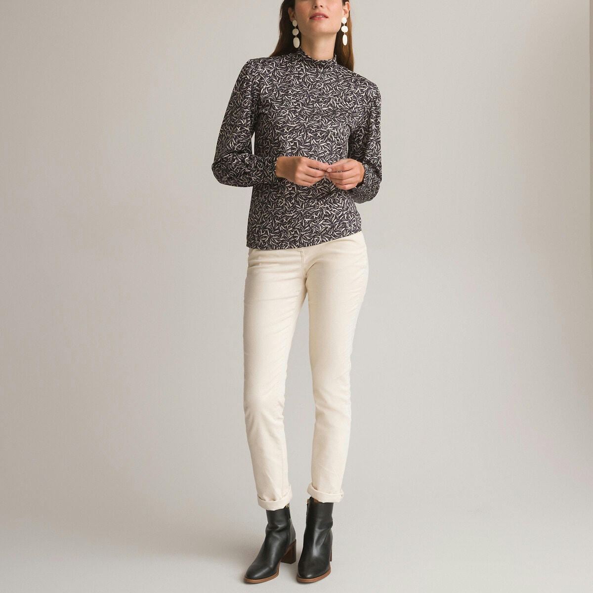 T-shirt imprimé, col montant, manches longues