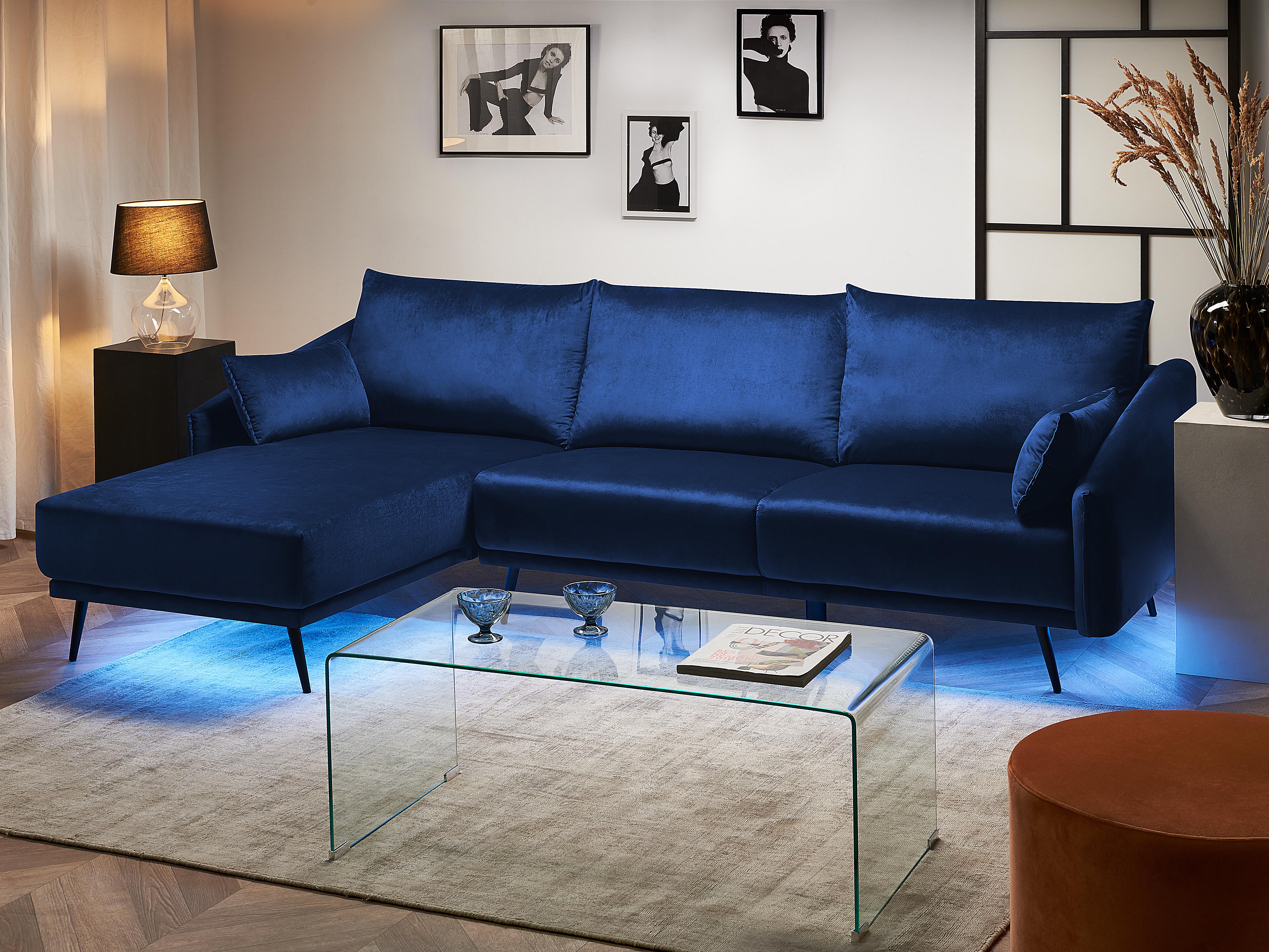 Corner Sofa 3 Seater VARDE Velvet Navy Blue LED Right Hand