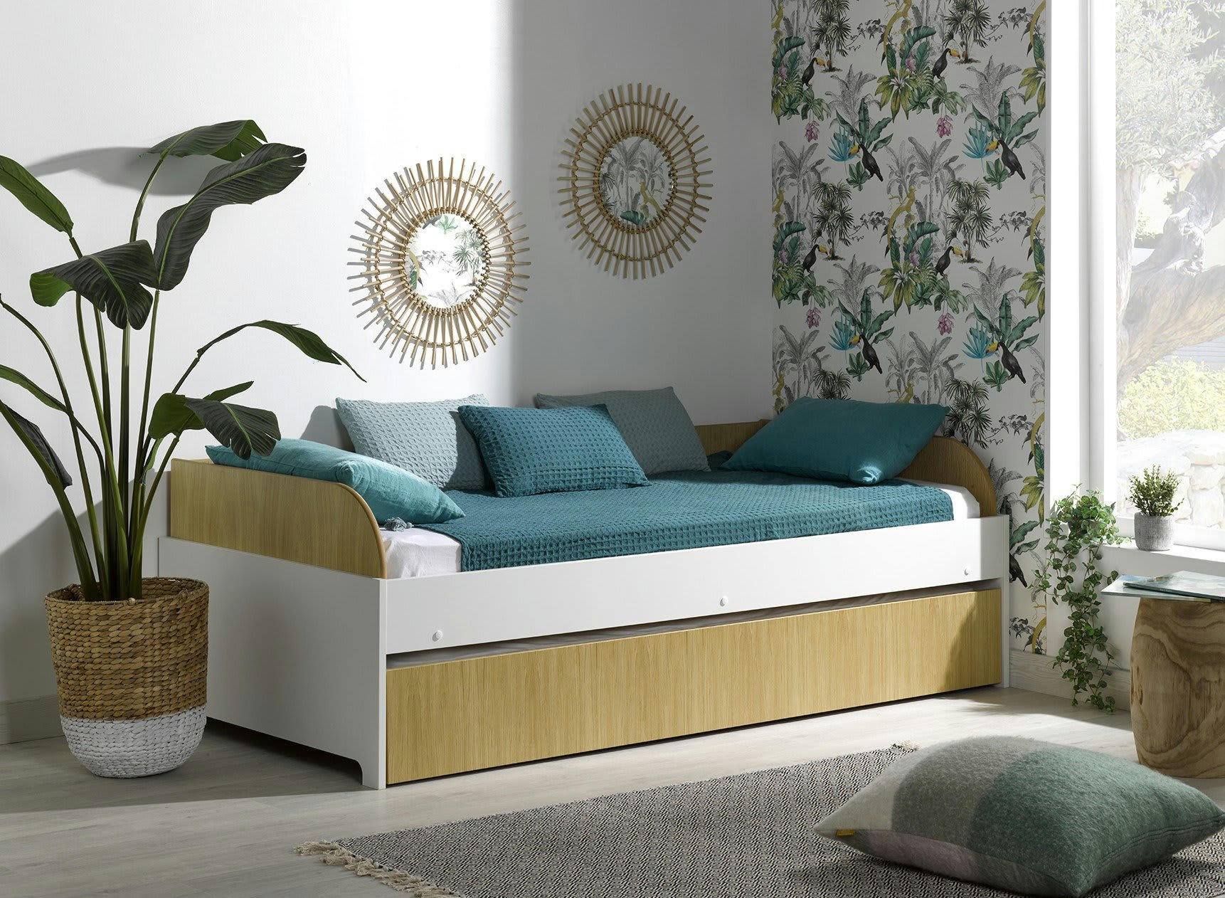 MANLY - Lit banquette gigogne 90x190 Blanc et Bois