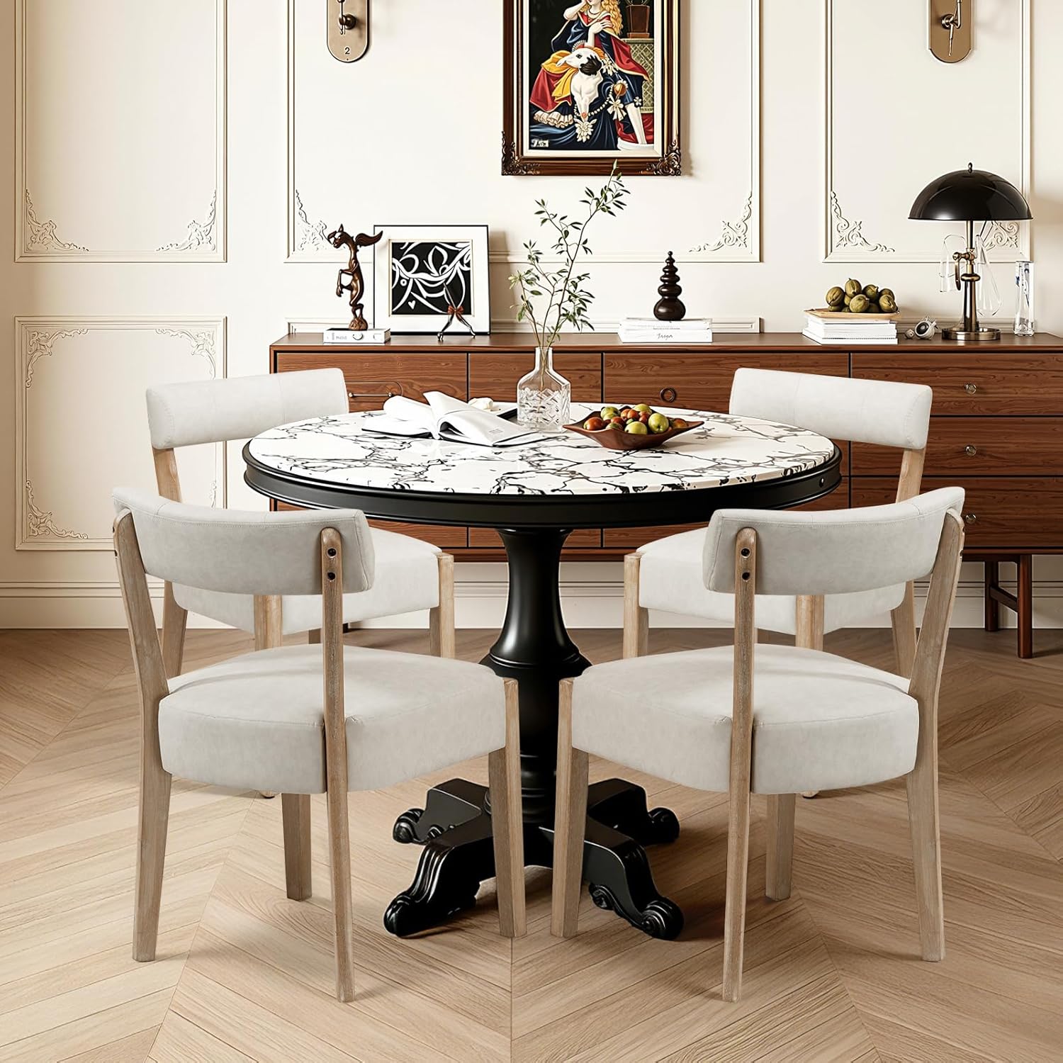 ZJhome Modern Dining Chairs Set of 4 – Mid-Century Modern Faux Leather Upholstered Kitchen & Dining Room Chairs with Curved Back, Oversized Rounded Seat, Sturdy Wood Frame, Beige