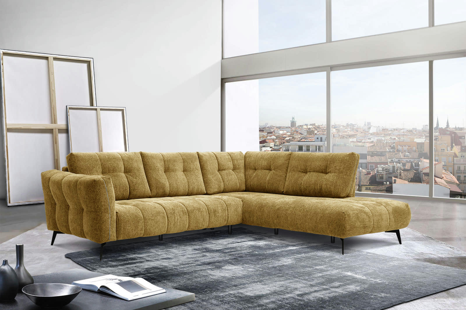 KALMER - Canapé d'angle droit 5 places tissu jaune