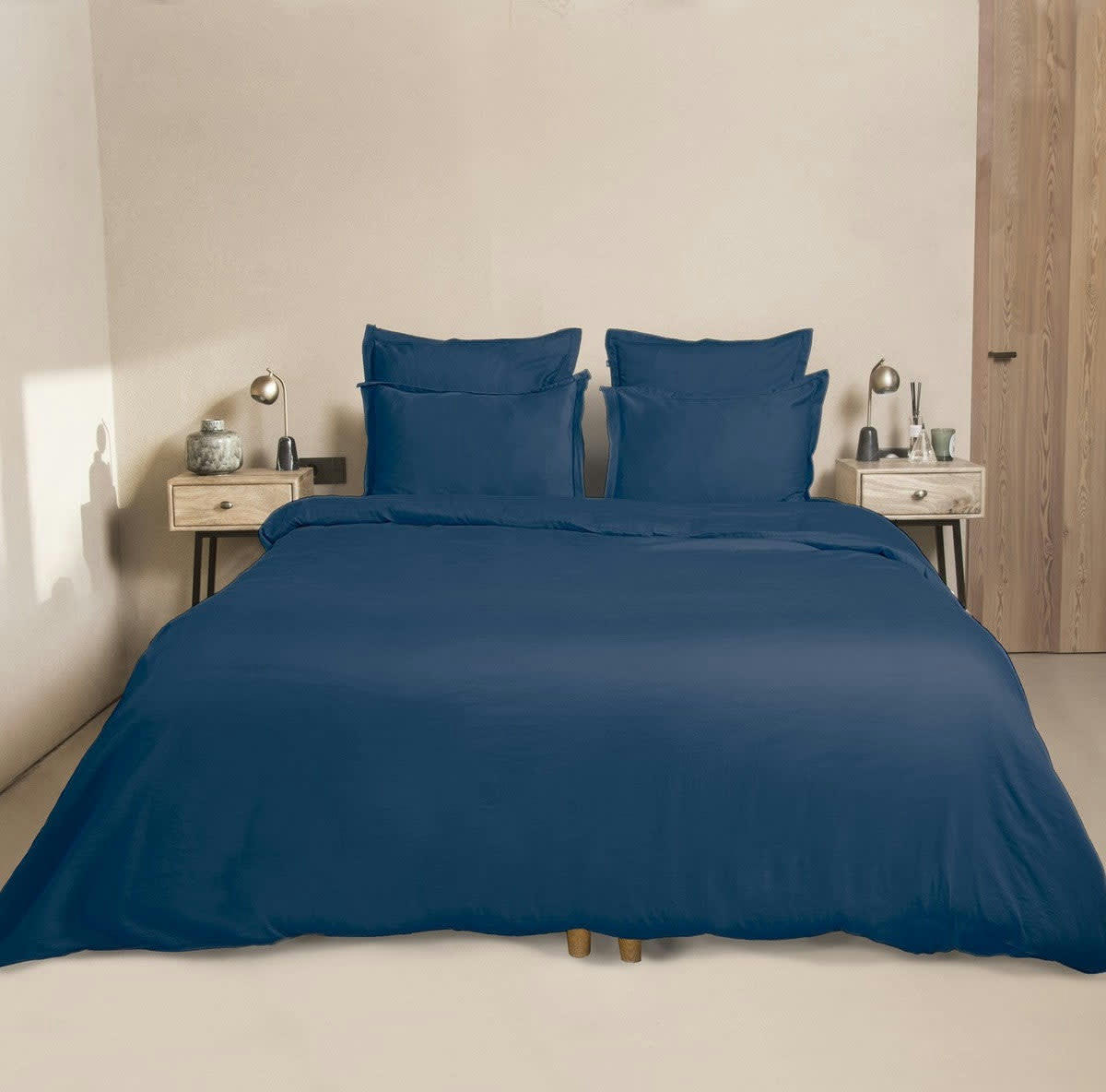 JULIA - Drap housse satin de coton  200x200x40 bleu indigo
