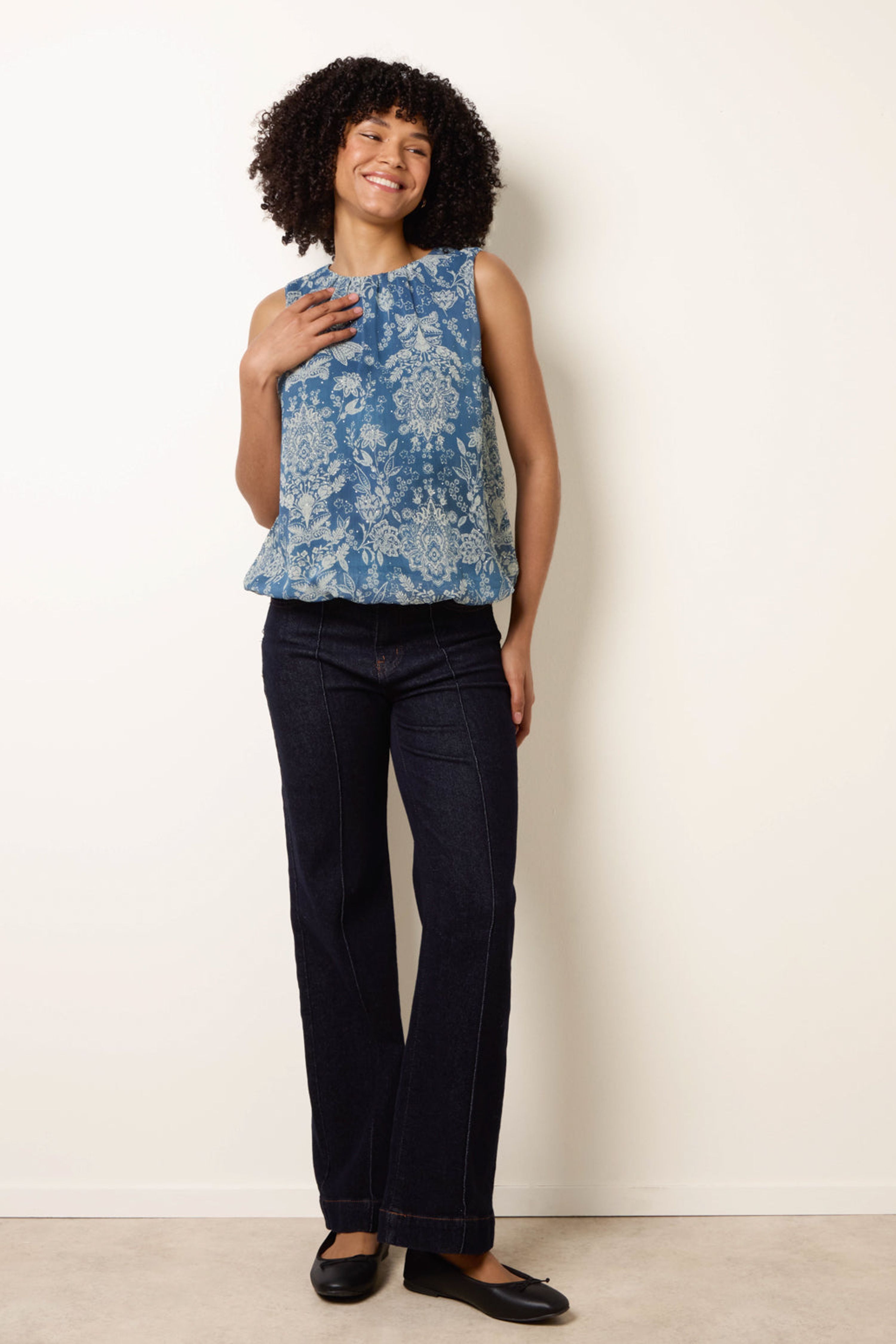 Blue Vanilla Blue Paisley Rhinestone Detailed Bubble Hem Blouse