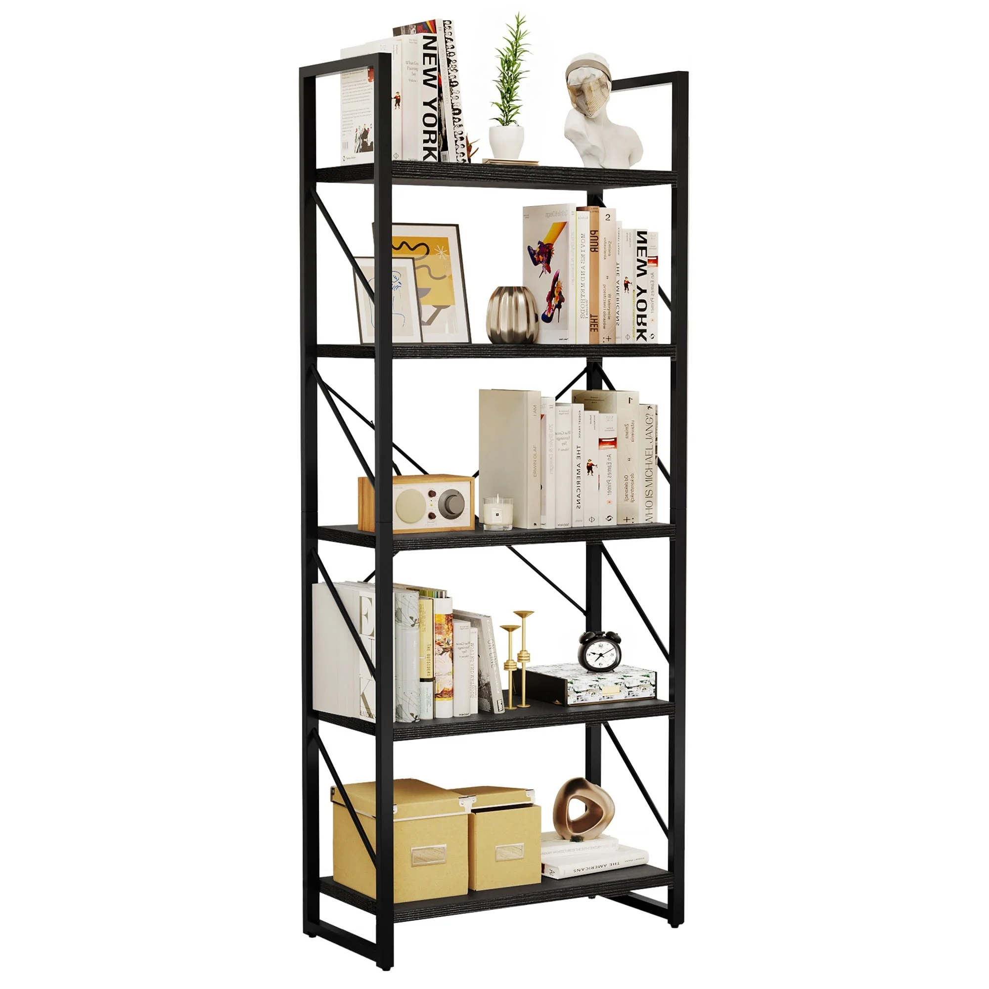 Moasis 62 Industrial Bookshelf, 5 Tier Rustic Wood Etagere Bookcase with Open Shelves