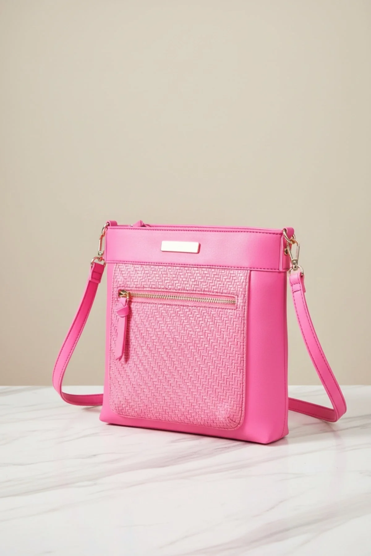 Pink Classic Crossbody Bag With Woven Pocket
