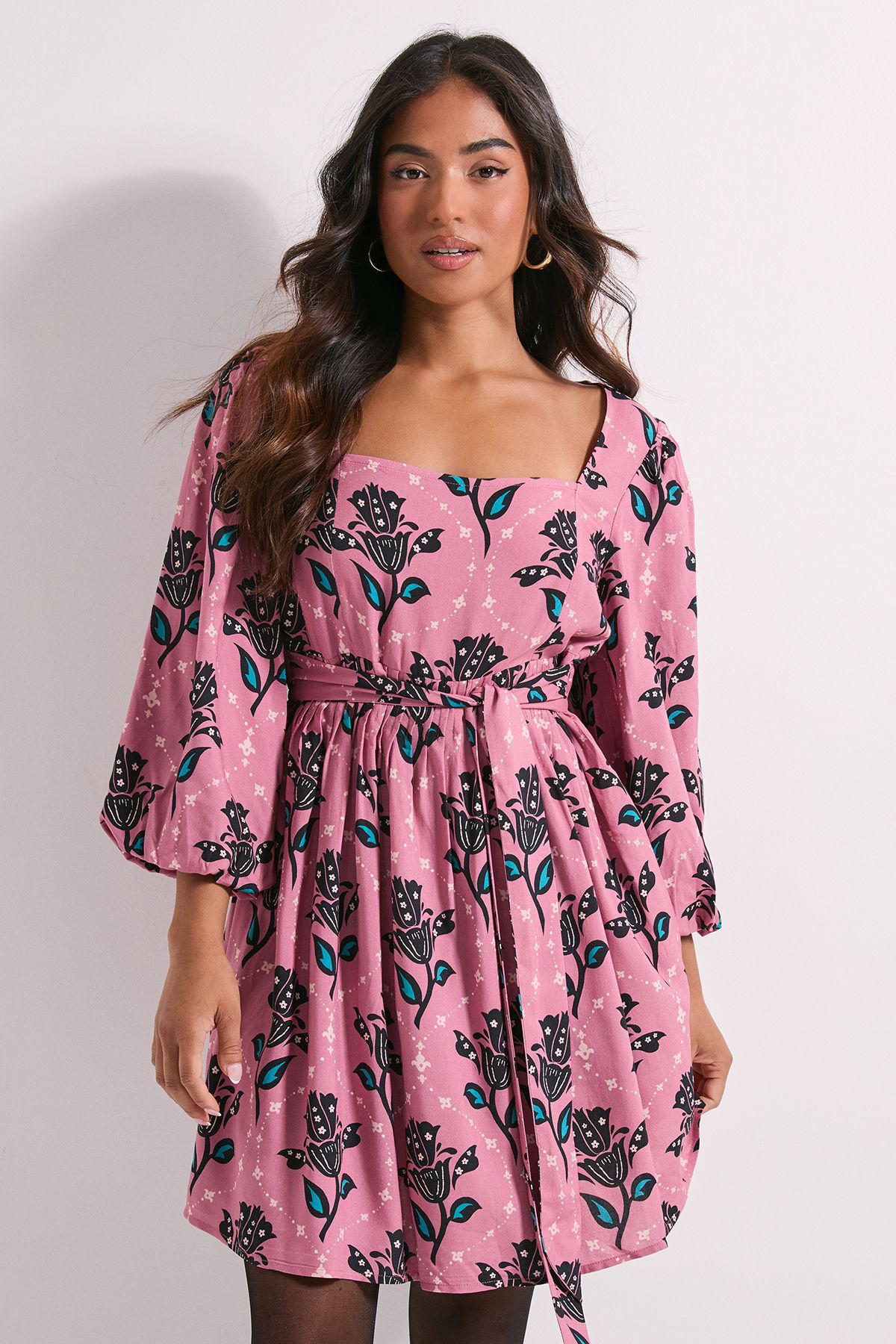 Dorothy Perkins Petite Pink Floral Square Neck Blouson Sleeve Tie Back Mini Dress