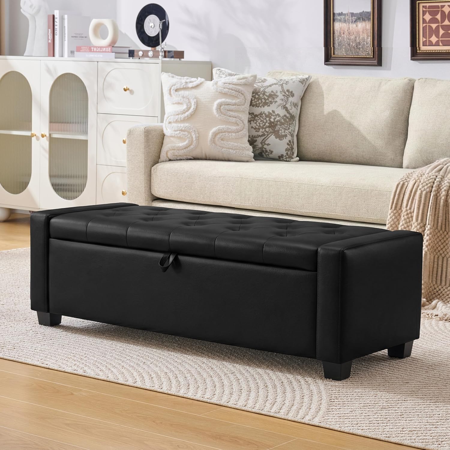 Huatean Home 48 Ottoman with Storage, Storage Ottoman Bench with Safety Hinge, Upholstered Entryway Bench with Seating for Bedroom, Living Room, Holds up to 330 lb, Light Black
