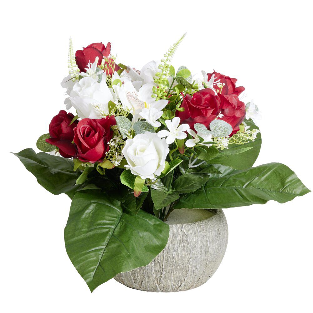 Composition florale artificielle rose orchidée bruyère rouges vasque Ø40cm
