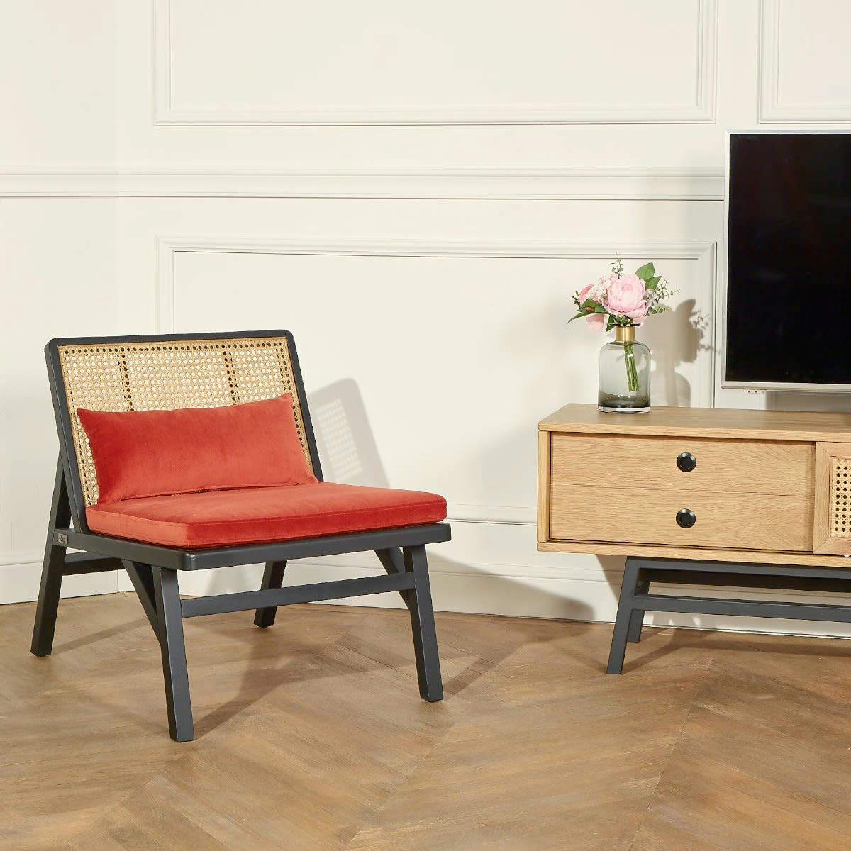 LALALA - Fauteuil en cannage chêne laqué noir et velours brique