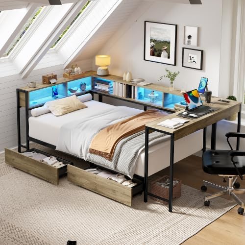 Bellemave Twin Corner Bed Frame with Desk and Storage, Twin Size Captains Bed with Charging Station and LED Light, Wood Daybeds with L-Shaped Bookcase and 2 Drawers, Grey