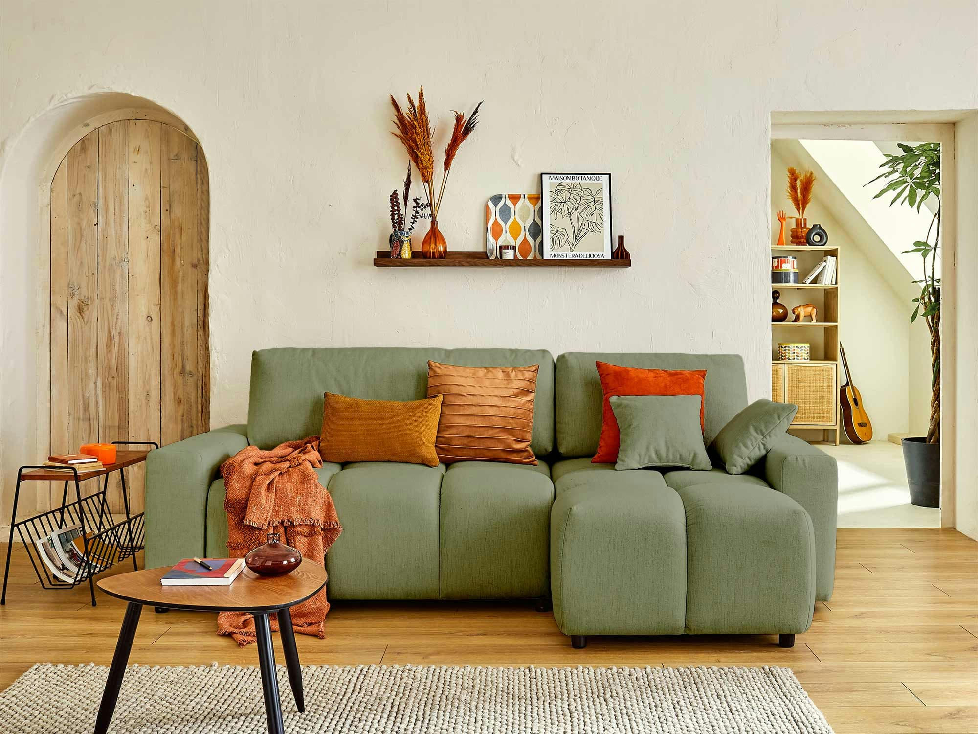 CROCUS - Canapé d'angle réversible convertible 4 places en tissu vert sauge