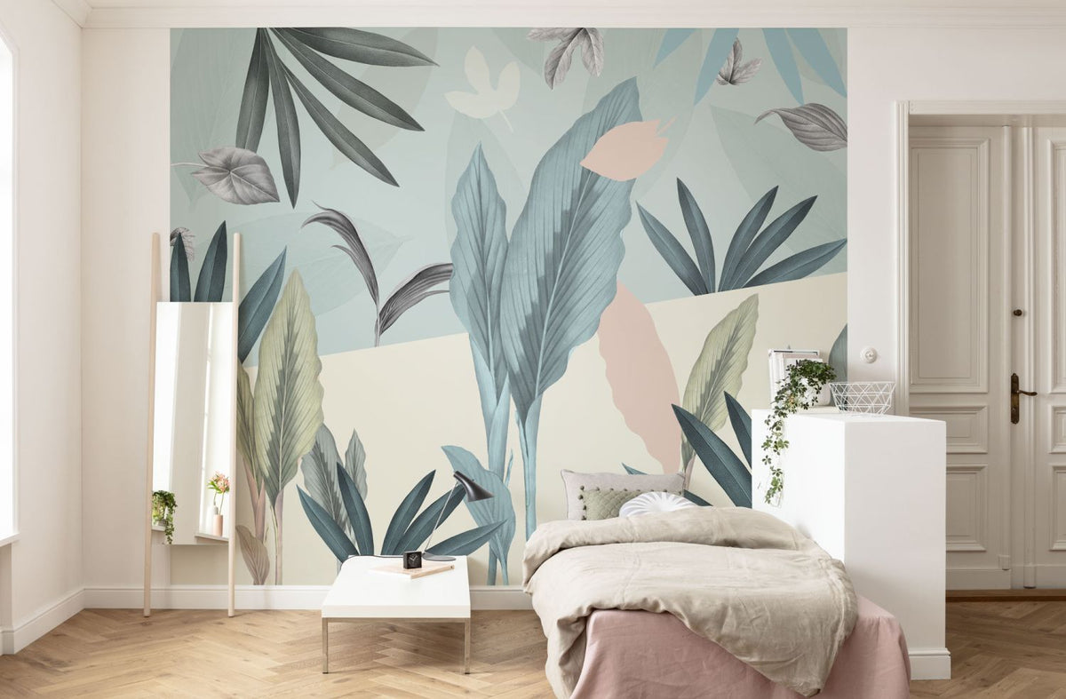 Komar fotobehang tropische planten blauw, roze en groen - 300 x 250 cm - 611203
