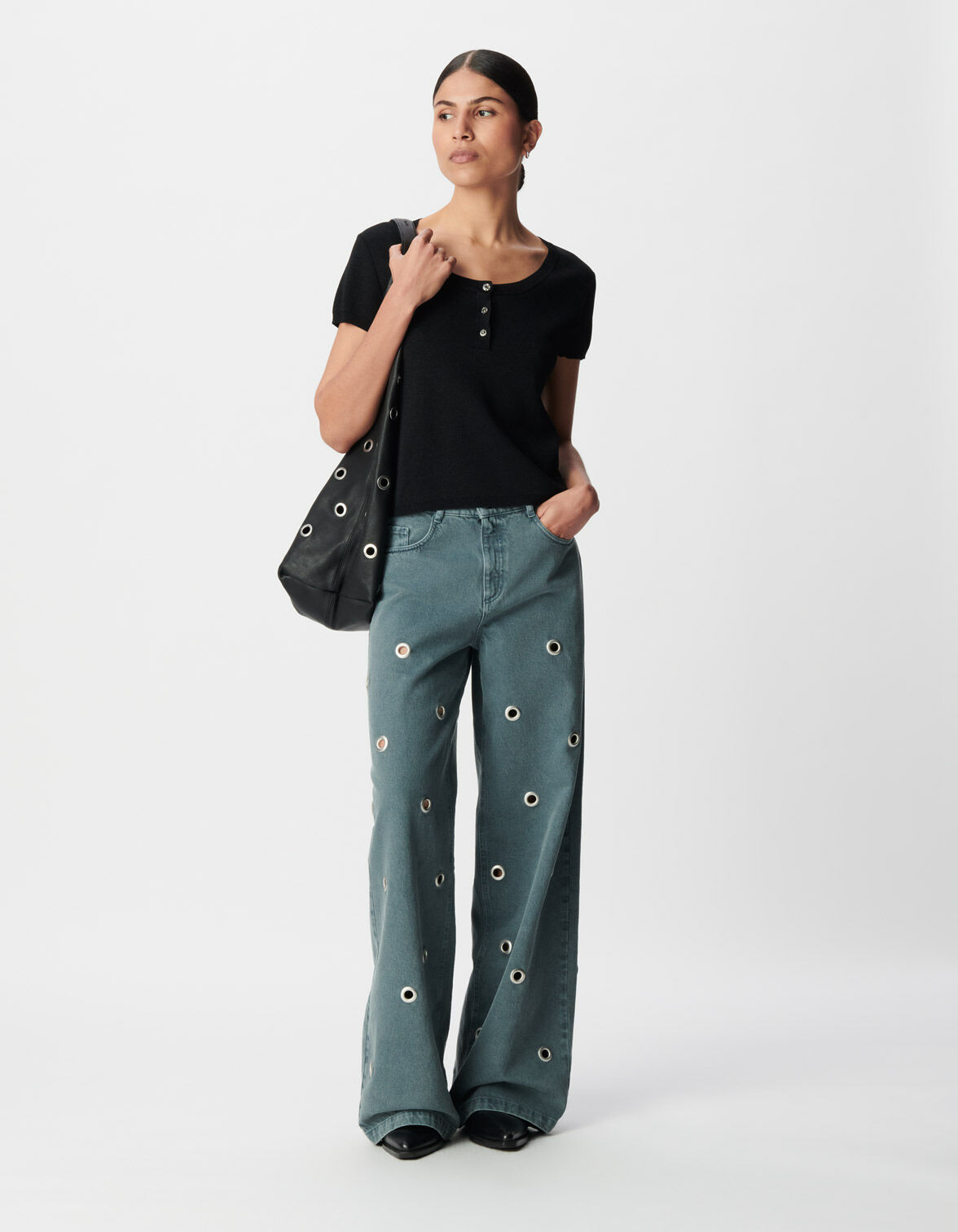 Jean large bleu taille haute décor œillets Edie Femme