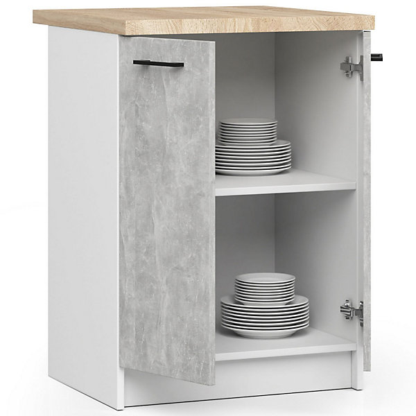 Armoires de cuisine basse AKORD S60 OLIWIA modulable Blanc 60 cm 2 portes façade Béton 2 étagères 60x46x85 cm