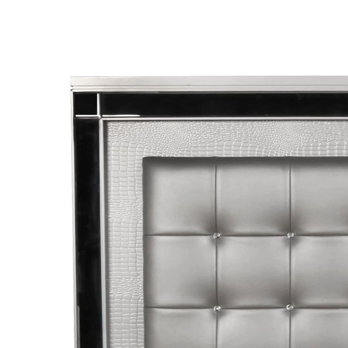 Contemporary King Size Wood Headboard with LED and Mirror Trim, Silver