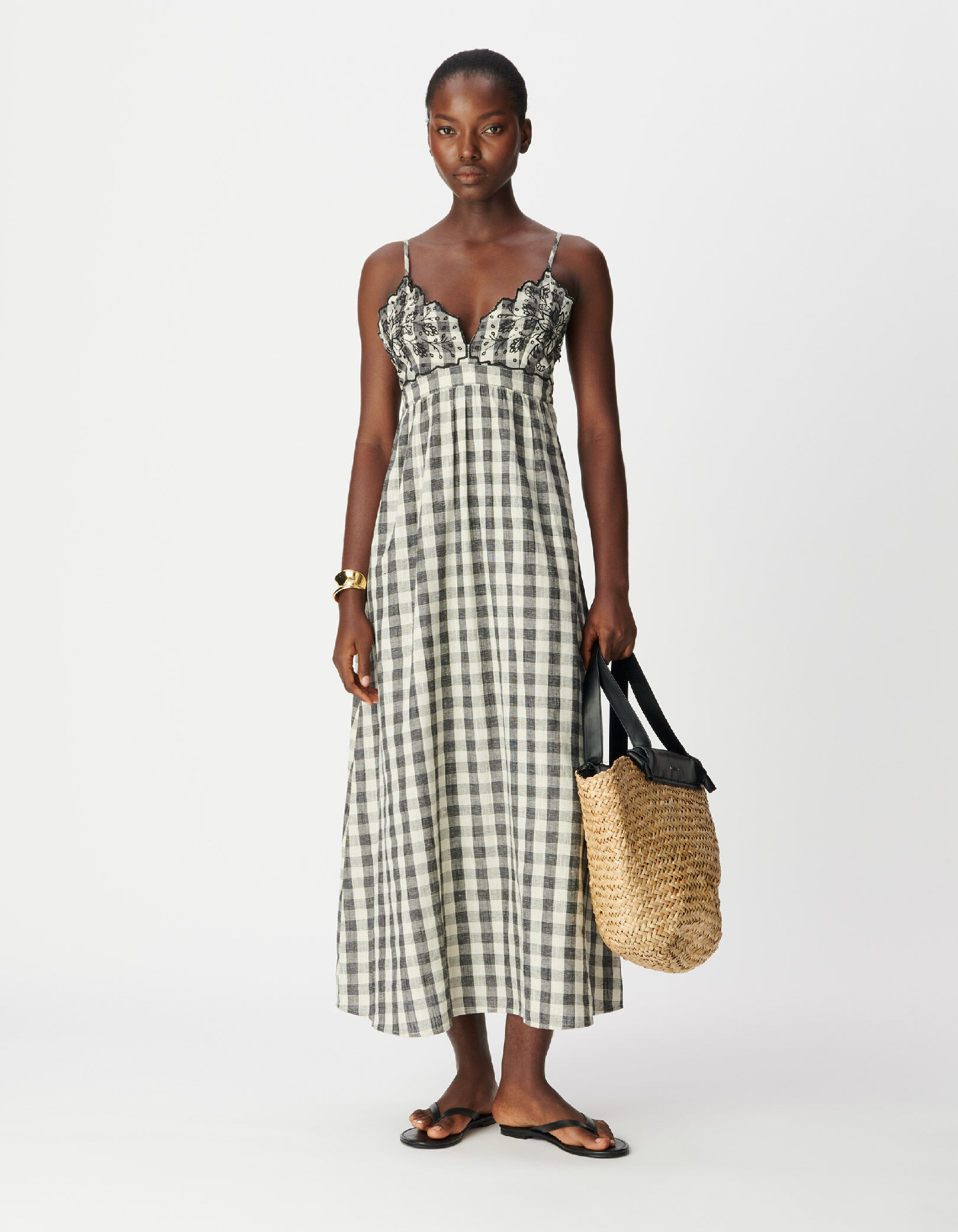 Robe longue écrue motif carreaux et broderies Femme
