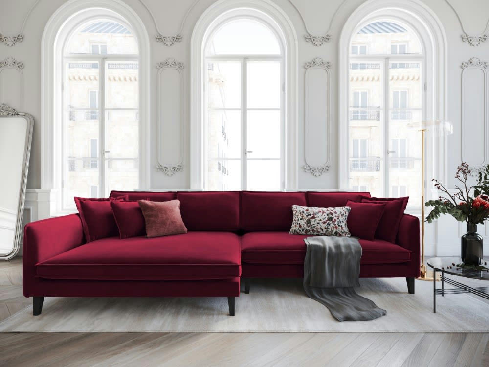 PROVENCE - Canapé d'angle 4 places en velours rouge foncé