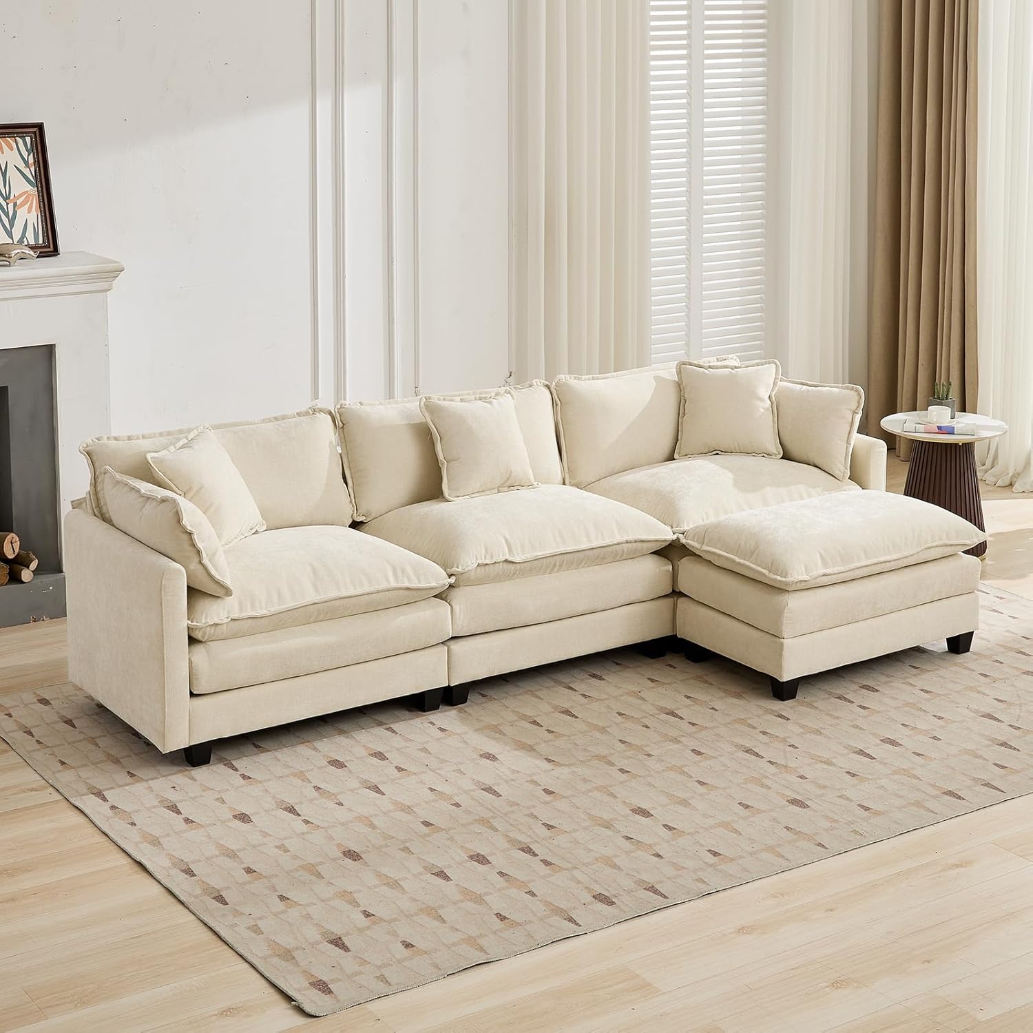 111.5 Beige Modular Sectional Sofa, 3 Seater Large Sectional Couches for Living Room, Ivory Off-White Chenille Fabric Oversized Cloud Couch with Ottoman, Modern Sofas Set, Sofas para Sala, L Shaped