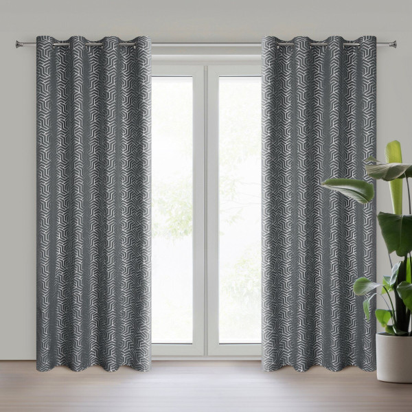 Zasłona Semi 140X250 cm welwet stalowa na przelotkach srebrny nadruk