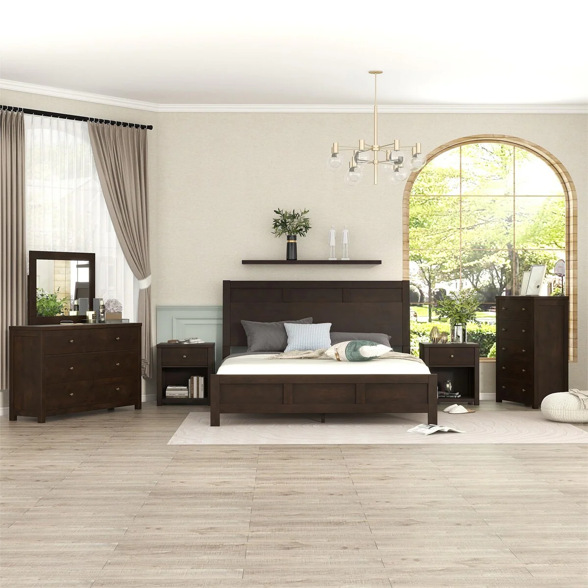 Classic Rich Brown 6 Pieces Set ( King Bed + Nightstand*2+ Dresser + Chest + Mirror)
