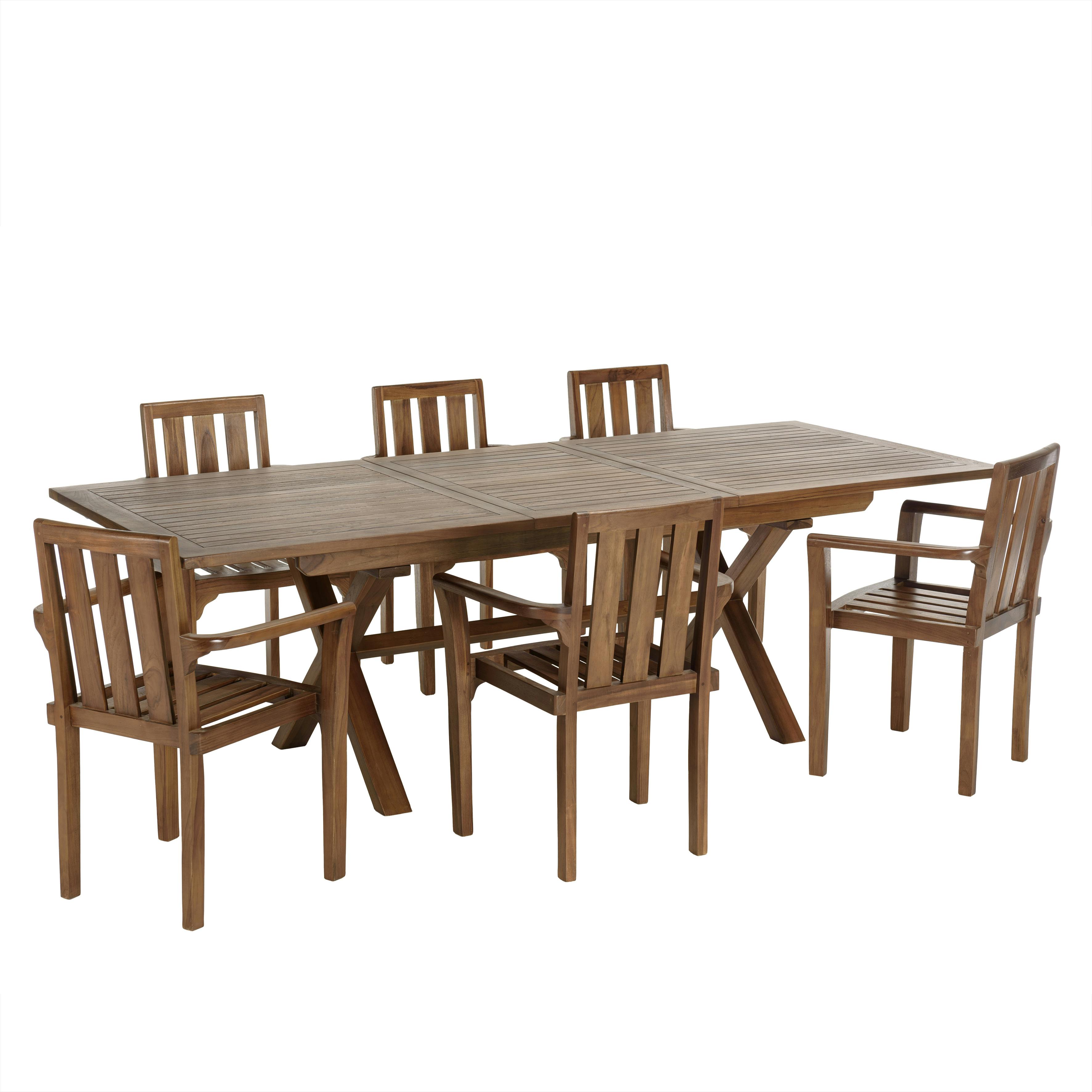 Salon de jardin teck huilé table pieds en croix 180/240   6 fauteuils MACAO