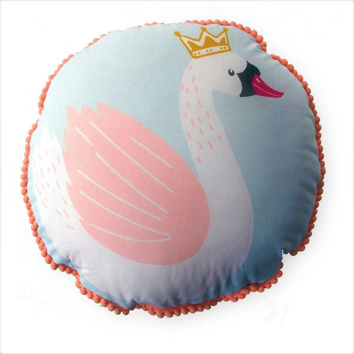 KIDS - Coussin rond coton bleu et rose avec cygne 35cm