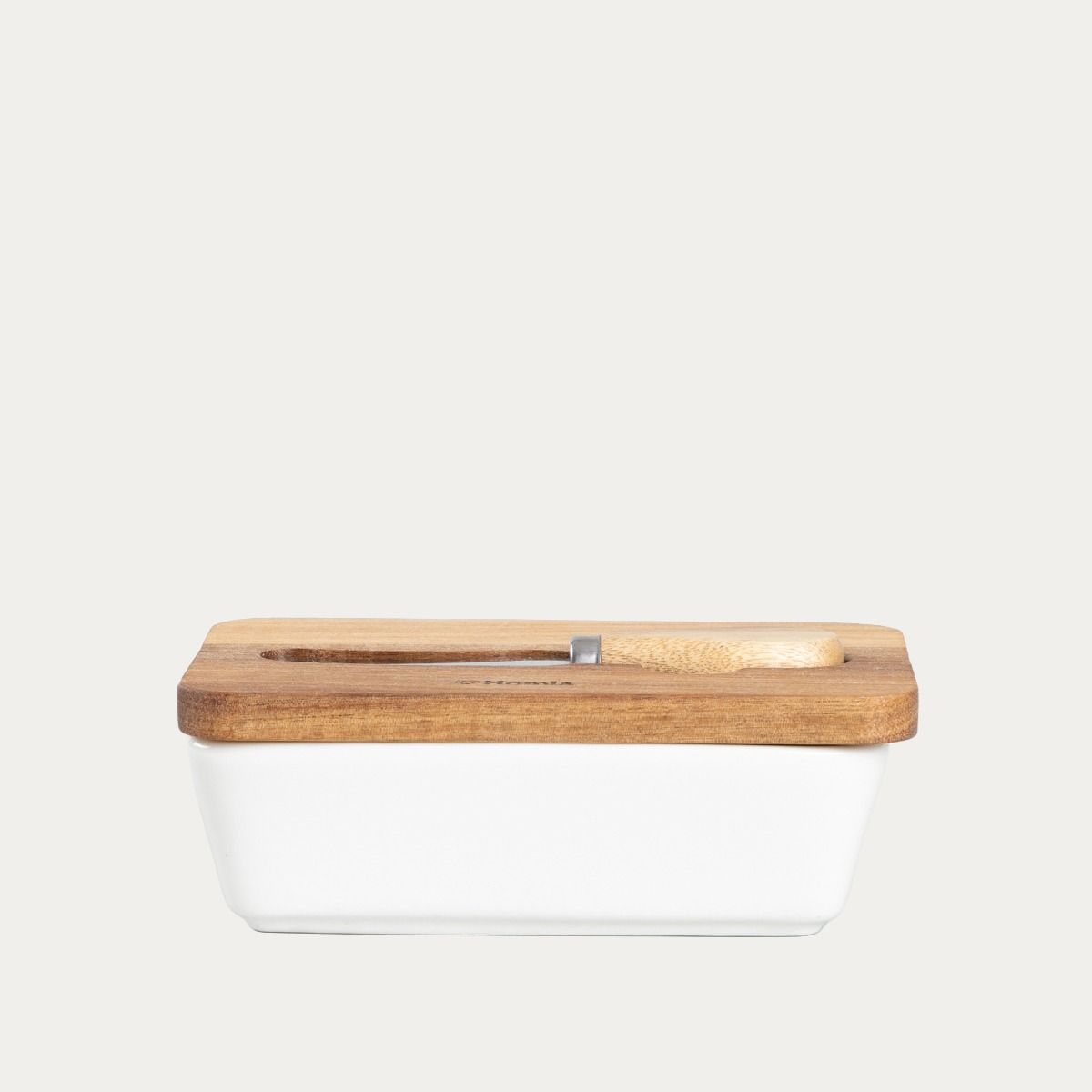 Maselniczka MOOKA porcelanowa z nożykiem i akacjową pokrywką biała 11x16 cm