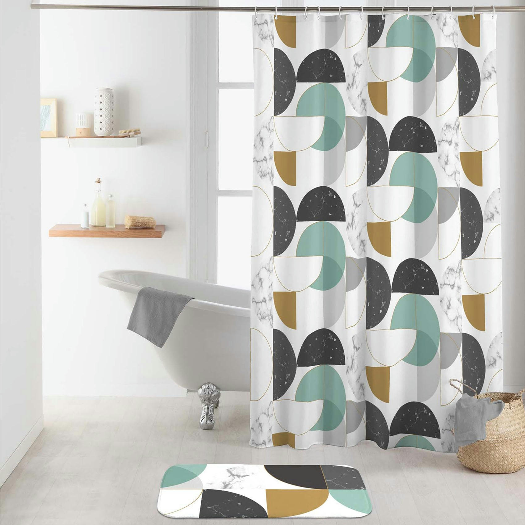 GEOMARBRE - Rideau de douche effet marbré polyester bleu 200x180cm