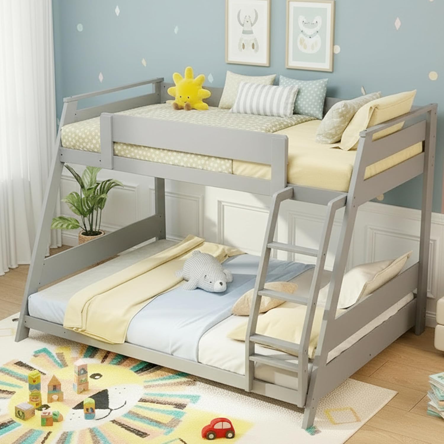 KOMFOTT Twin Over Full Convertible Bunk Bed with Reversible Ladder, Solid Wood Frame, Slats Support & Guardrails, No Box Spring Needed (Grey)