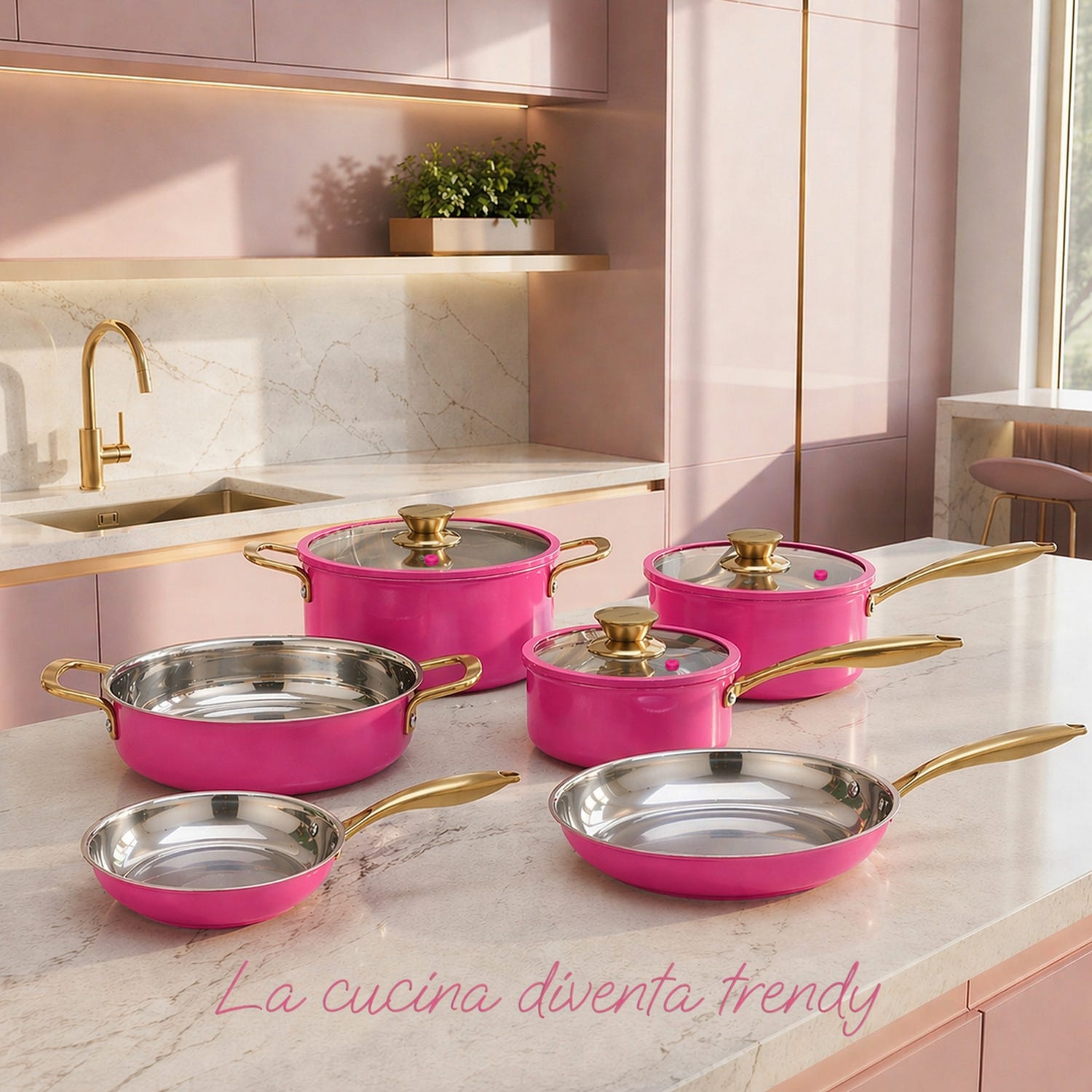 Batteria pentole acciaio 9 pezzi La Vie en Rose fucsia