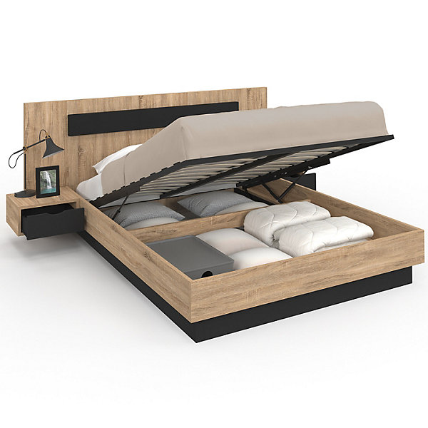 Lit coffre double SANTA avec tête de lit   tables de chevets intégrées et sommier 140 x 190 cm bois et noir
