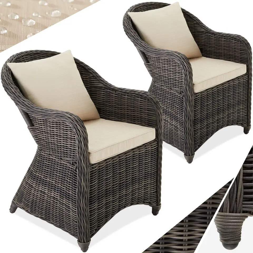 tectake? - 2 Luxe wicker stoelen - Fauteuils - zachte kussens - grijs - 403682